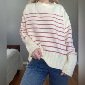 Elegant Cream and Pink Striped Women's Sweater